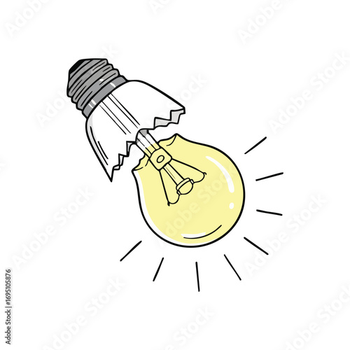 Broken Glowing Lightbulb Idea. Damaged electric bulb illustration emitting radiance. It symbolizes resilient innovation, overcoming obstacles, or a breakthrough concept.