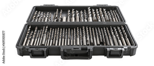 Hardened drill bits organized in a gray hard-shell case