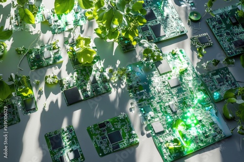 Green technology, circuit boards surrounded by lush leaves, symbolizing sustainable electronics and eco-friendly innovation.