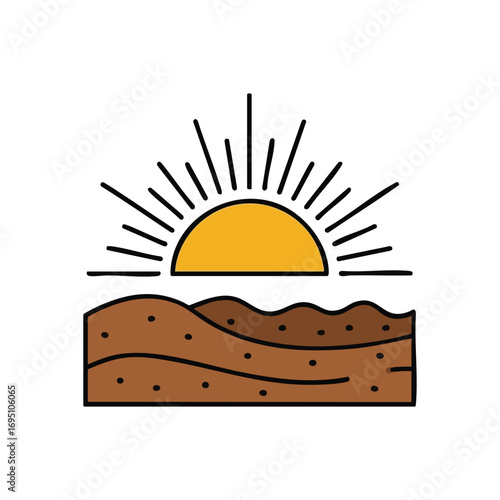 Golden Horizon Minimalist Graphic. Stylized depiction of a celestial body descending or ascending over undulating ground. Evokes natural serenity, new beginnings, or the close of day.