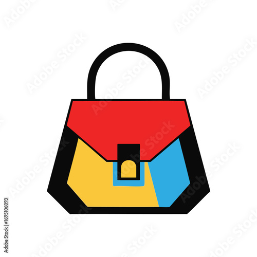 Stylish Abstract Handbag Design. A vibrant, minimalist women's purse graphic, showcasing bold geometric shapes in red, yellow, and blue. It symbolizes contemporary fashion and unique flair.
