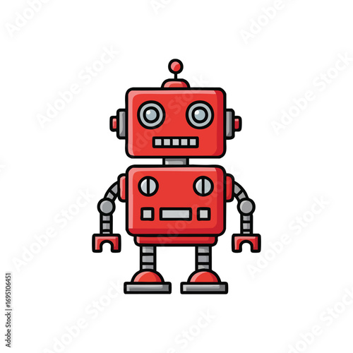 Cute Retro Robot Illustration. A charming crimson bot stands tall against a dark backdrop. This delightful droid evokes feelings of innovation, playful intelligence, and the promise of artificial.
