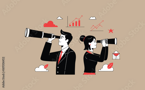 Business professionals looking through telescopes for future opportunities