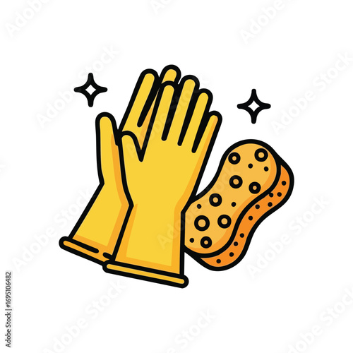 Domestic Cleaning Essentials. This graphic illustration features bright yellow utility gloves alongside an orange scrubbing pad, symbolizing hygiene, order, and a fresh home environment.
