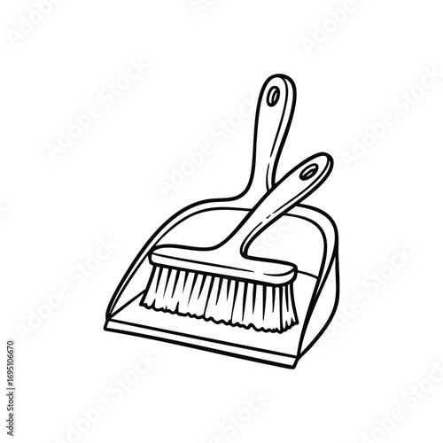 Dustpan and Brush Cleaning Tool. Crisp monochrome drawing of a portable scoop and small hand broom, essential for tidying. Symbolizes neatness, order, and domestic upkeep.