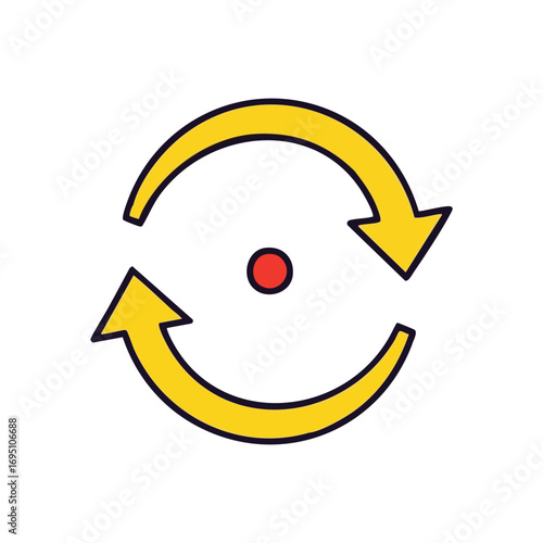 Continuous Circular Flow Icon. Dynamic graphic depicts yellow arrows in a cycle with a red center, symbolizing refresh, renewal, and iterative processes.