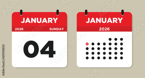January 4 2026 Calendar Vector Illustration. 4 january calendar page. event reminder illustration. Day calendar with date January 4. Week Starts on Sunday. Checklist day calendar.