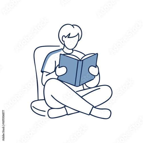 Person Reading Book Minimal Art. Minimalist illustration of an individual engrossed in a literary volume, symbolizing knowledge, peaceful reflection, and discovery. Ideal for education.