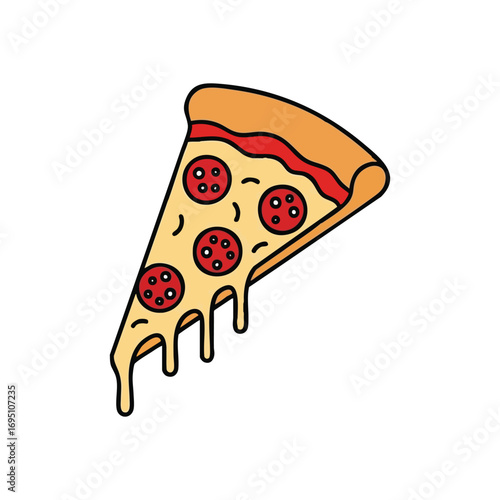 Tasty Pepperoni Pizza Slice Icon. Vibrant graphic of an Italian pie segment, adorned with savory salami and dripping mozzarella. Represents ultimate comfort food and culinary joy.