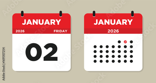 January 2 2026 Calendar Vector Illustration. 2 january calendar page. event reminder illustration. Day calendar with date January 2. Week Starts on Sunday. Checklist day calendar.