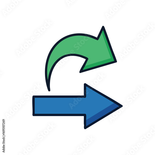 System Refresh and Forward Icon. Illustrative design showcasing a green curved symbol for revitalization and a blue straight indicator for advancement. Represents workflow and progress.