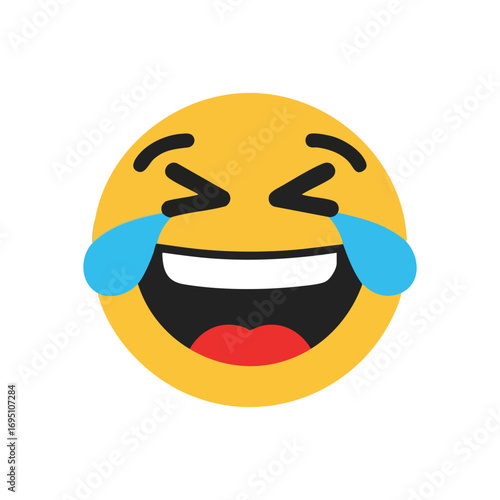 Joyful Crying Emoji Expression. This cheerful yellow emoticon illustrates overwhelming mirth and extreme amusement. It conveys humor, blissful happiness, and utter delight, symbolizing heartfelt.