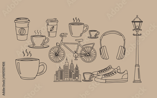 Hand drawn collection of urban lifestyle objects and cityscape elements