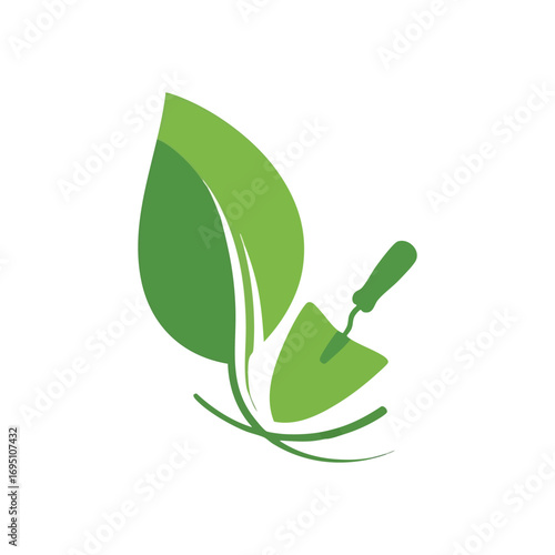 Green Gardening Leaf and Trowel Icon. This vibrant image depicts a healthy plant sprout with a horticultural shovel. It embodies sustainable cultivation, fostering new life, and connection to the.