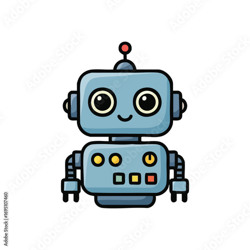 Adorable Cartoon Robot Figure. This cheerful digital companion with big eyes radiates friendliness, symbolizing innovation, artificial intelligence, and a bright future in technology.