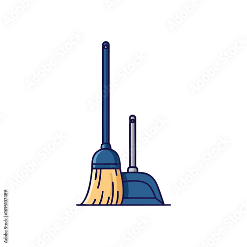 Broom and Dustpan Cleaning Kit. Flat design vector illustration of essential sweeping tools. Perfect for depicting household tidiness, daily chores, and maintaining a hygienic living space.