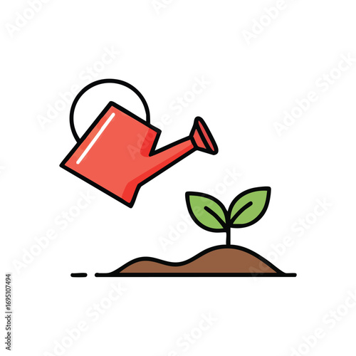 Watering Sprout for Fresh Growth. A vibrant red watering container nourishes a delicate green plant, symbolizing care, new beginnings, and the sustainable cultivation of life.