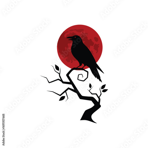 Dark Crow on Branch Blood Moon. Mysterious nocturnal bird silhouette perched on a gnarled tree, starkly contrasted by a glowing scarlet celestial orb. Conveys solitude and an ominous mood.
