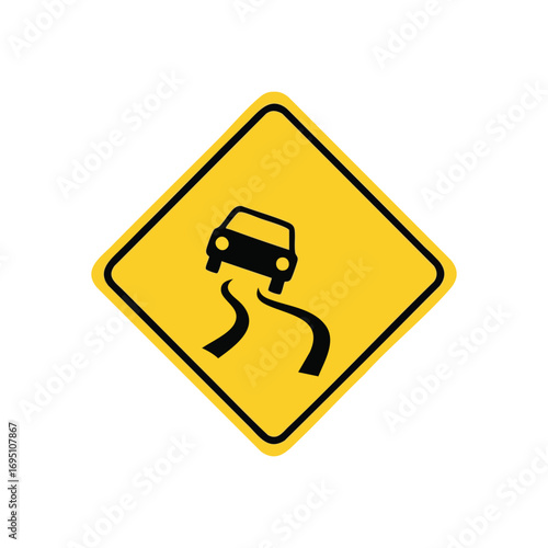 Slippery Road Hazard Symbol. Bright yellow traffic emblem depicts a vehicle losing grip on a winding surface. It conveys a critical message for drivers to proceed with utmost care due to risks.