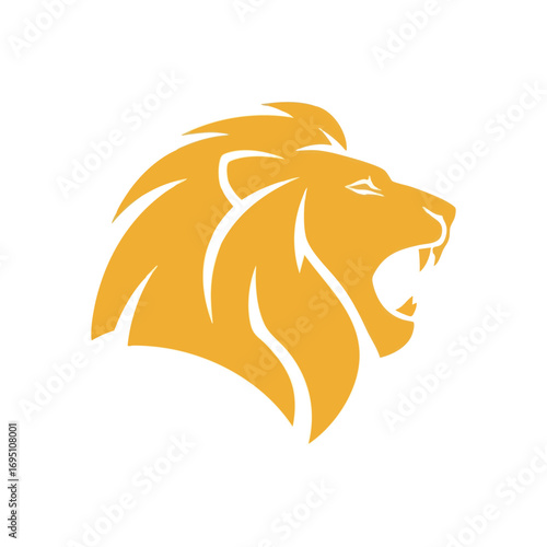 Majestic Roaring Lion Head Symbol. Dynamic illustration of a golden feline monarch's profile, jaws open wide. This fierce emblem embodies power, bravery, and wild determination.