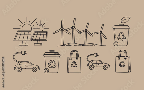 Hand drawn eco friendly energy and transportation icons on recycled paper background