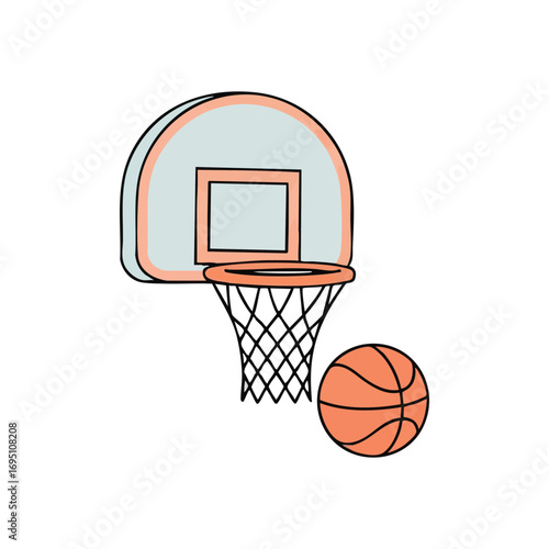 Basketball Hoop and Ball Simple Art. Clean graphic of a goal and round athletic object. Perfect for themes of sports, games, exercise, or casual designs and play.