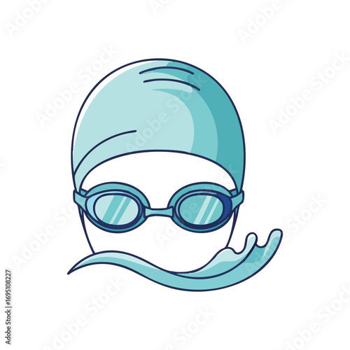 Aquatic Gear Head with Water Splash. This essential equipment emblem depicts the tools for competitive and leisure swimming pursuits. Represents a fit and active lifestyle.