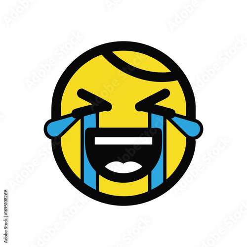 Crying Laughing Emoji Tears of Joy. Humorous yellow emoticon with flowing blue teardrops depicts extreme amusement and overwhelming delight. Perfect for showcasing uproarious reactions.