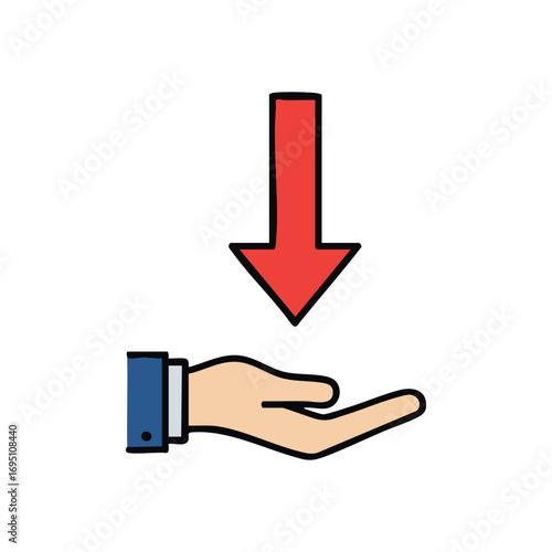 Download Receive Giving Icon. Vibrant illustration depicting a downward arrow aiming at an open palm. Represents concepts like acquiring data, accepting payments, or digital content delivery.