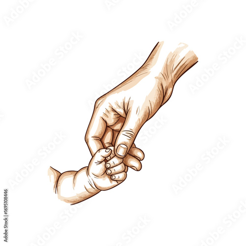 Gentle Parent Baby Hand Hold. An adult's strong grip tenderly secures an infant's small fingers. This illustration symbolizes protection, enduring love, and the profound family bond.