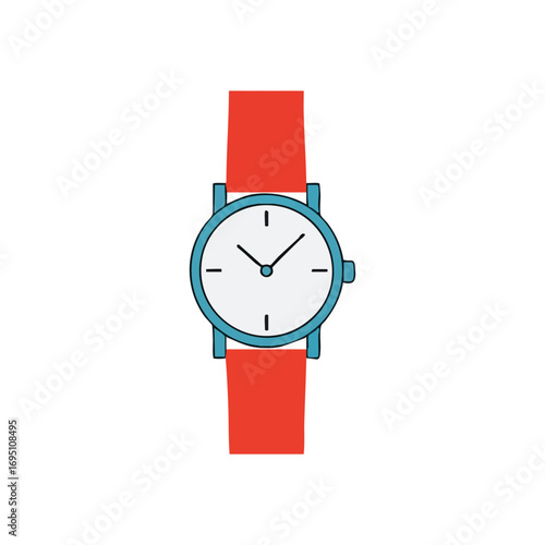 Colorful Timepiece Illustration. Clean and simple wrist accessory with a bold red strap and light blue frame. Represents punctuality, modern style, and time management.