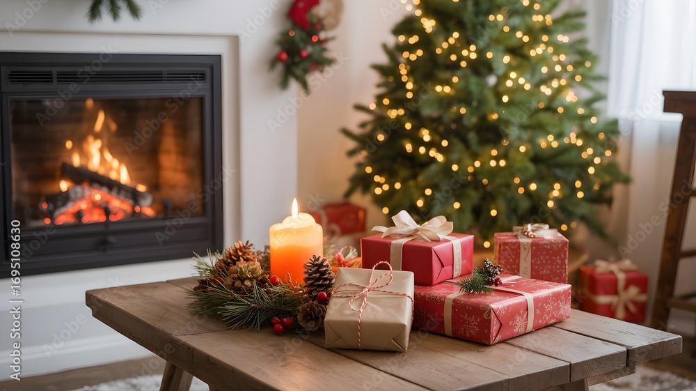 Obraz premium Cozy christmas scene with a lit fireplace decorated tree and gifts on a rustic wooden table
