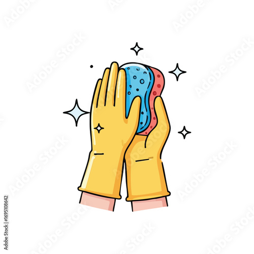 Protected Hands with Sponge. Gloved grasp colorful scrubber, representing diligent tidiness and home sanitation efforts.