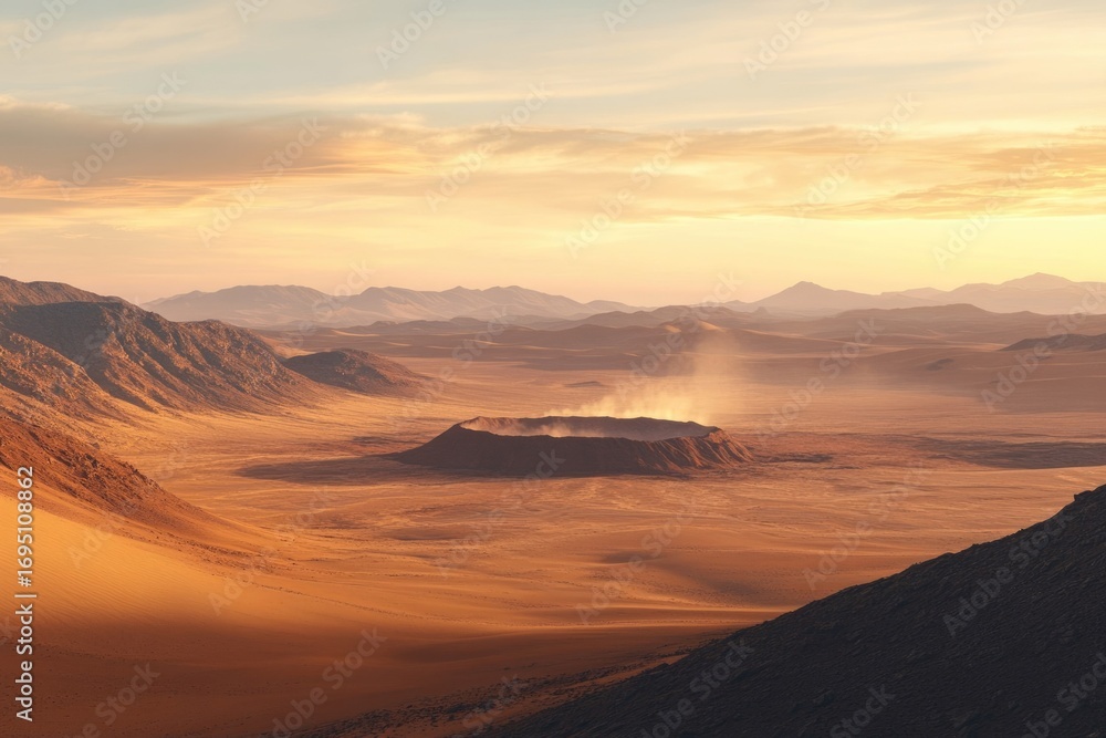 Naklejka premium Vast desert landscape at sunset, featuring a volcanic crater emitting dust.