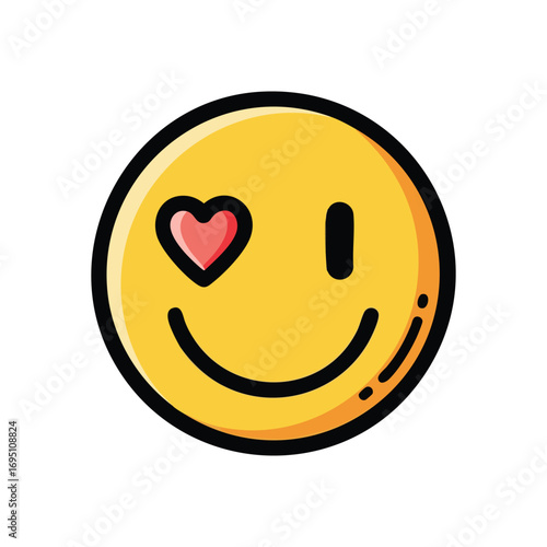 Loving Yellow Digital Icon. This cheerful emoticon features a passionate eye and a wide grin, conveying profound affection and delight. Perfect for expressing joy online.