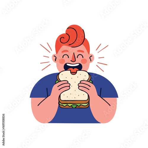 Joyful Eater Enjoying Delicious Sandwich. Illustration of a delighted person relishing a hearty bite. This vibrant image depicts the pure satisfaction of a wonderful meal and good appetite.
