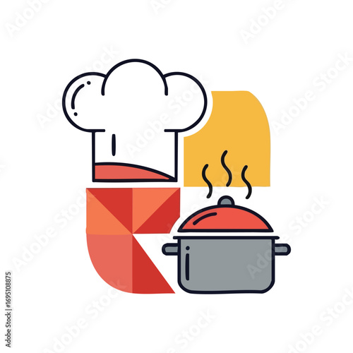 Chef Hat and Gourmet Cookware Icon. This modern vector highlights a pristine toque and steaming saucepan, embodying the art of cookery and delicious food preparation.