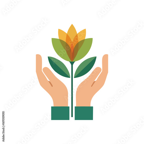 Hands Nurturing Green Growth. A symbolic depiction of human palms embracing a flourishing plant, representing environmental preservation, sustainable development, and vital life support.