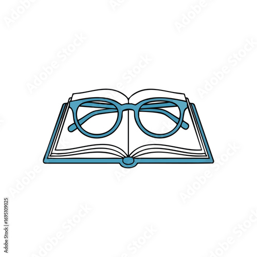 Education and Literacy Concept. Vibrant graphic depicts an opened tome with blue eyewear. It symbolizes intellectual pursuit, profound thinking, and the endless quest for insight. Perfect for.