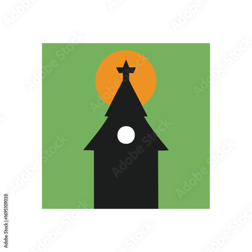 Minimalist Star Home Sunset Icon. A clean graphic design features a dark structure with a stellar crest, set against a vibrant orange celestial body and a fresh green backdrop. It evokes tranquility.