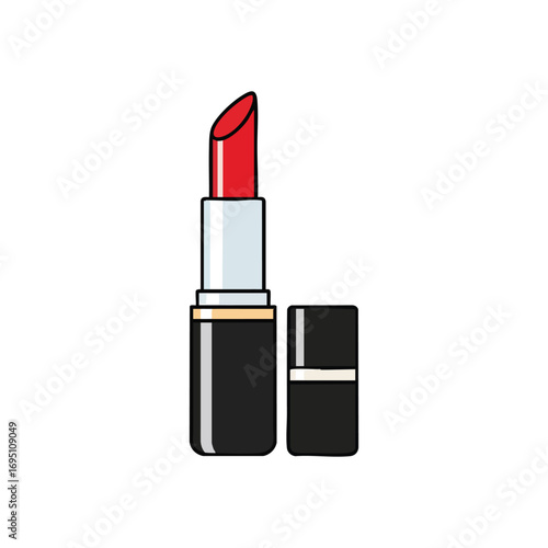Elegant Red Lipstick Beauty Essential. A captivating crimson lip pigment in a sleek black case, displayed with its cap. This illustration evokes confidence, style, and allure, symbolizing personal.