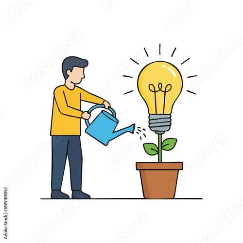 Nurturing Bright Ideas for Growth. This illustration depicts an individual fostering a burgeoning concept, symbolizing the cultivation of creativity, problem solving, and intellectual progress.