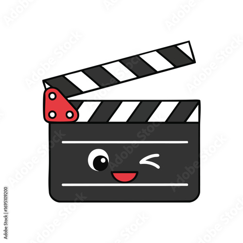 Charming Clapperboard Mascot. An appealing film slate character winks playfully. This delightful cinema board embodies the joy of movie making, video production, and creative storytelling.