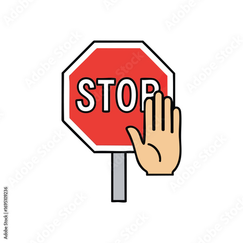 Red Stop Signal Hand Gesture. Vibrant scarlet octagon with white lettering and an outstretched human palm. This graphic represents a command to cease, warning, or firm limit.