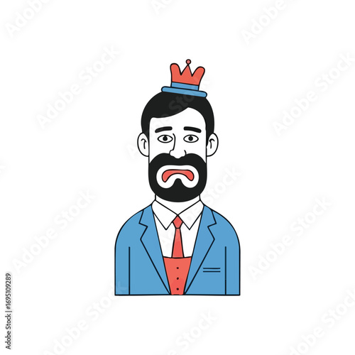 Melancholy Monarch Character Design. This unique illustration features a disappointed bearded figure wearing a crown and suit. It conveys the sorrow and heavy burden of royal responsibility.