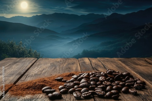 Roasted coffee beans and ground coffee on a wooden table overlooking a misty mountain range under a bright moon.