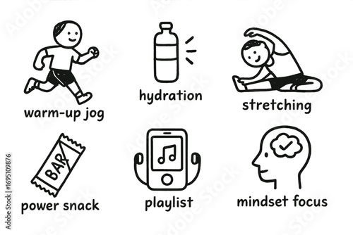 Pre-Workout Doodles. Pre-workout ritual: hand drawn doodles of warm-up jog, hydration, stretching, power snack, playlist, and