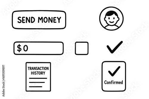Online Transaction Doodles. Online transaction: hand drawn doodles of send money button, amount field, recipient avatar,