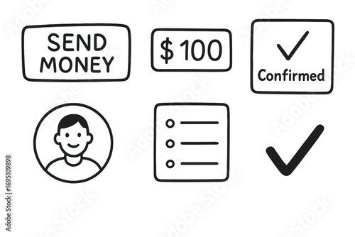 Online Transaction Doodles. Online transaction: hand drawn doodles of send money button, amount field, recipient avatar,