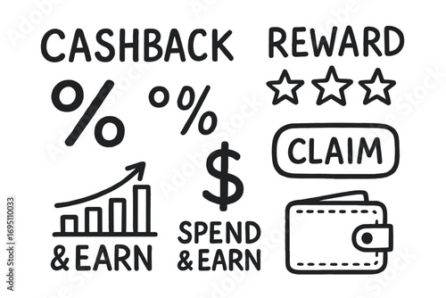 Cashback Doodles. Cashback reward: hand drawn doodles of cashback percentage, reward stars, spend & earn chart, dollar icon, claim